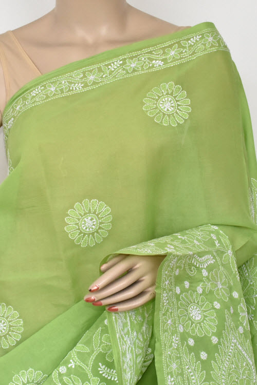 Mehndi Green Hand-Embroidered Chikankari Cotton Saree 14756