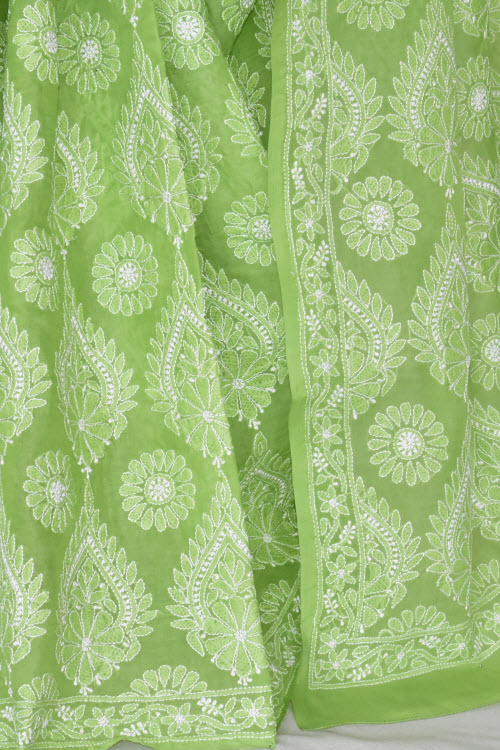 Mehndi Green Hand-Embroidered Chikankari Cotton Saree 14756