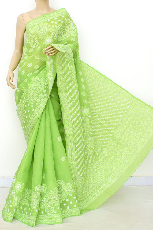 Pista Green Hand-Embroidered Chikankari Cotton Saree 14774