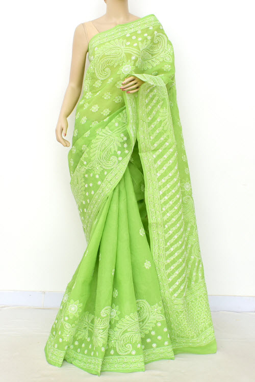 Pista Green Hand-Embroidered Chikankari Cotton Saree 14774