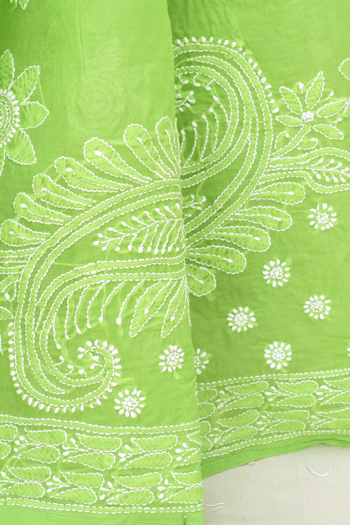Pista Green Hand-Embroidered Chikankari Cotton Saree 14774