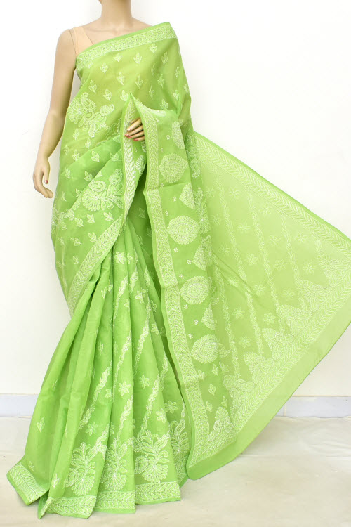 Mehndi Green Hand-Embroidered Chikankari Cotton Saree 14777