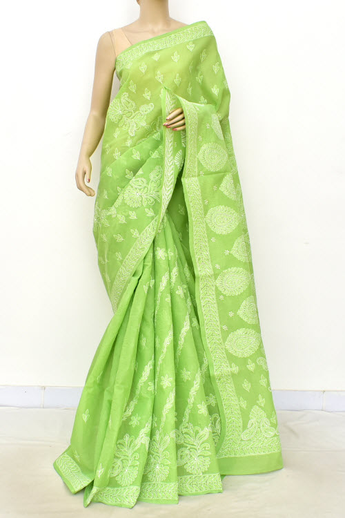 Mehndi Green Hand-Embroidered Chikankari Cotton Saree 14777