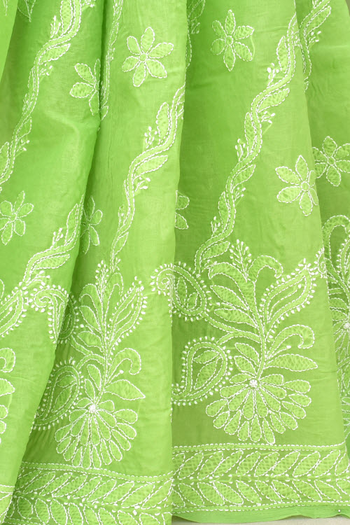 Mehndi Green Hand-Embroidered Chikankari Cotton Saree 14777