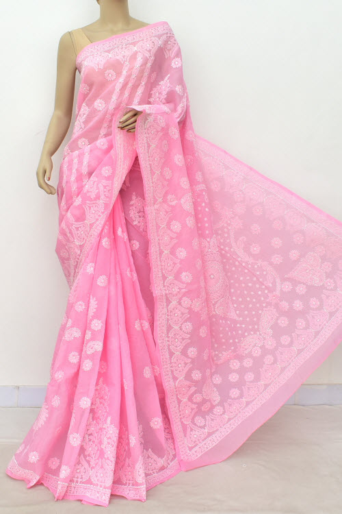 Pink Hand-Embroidered Chikankari Cotton Saree 14787