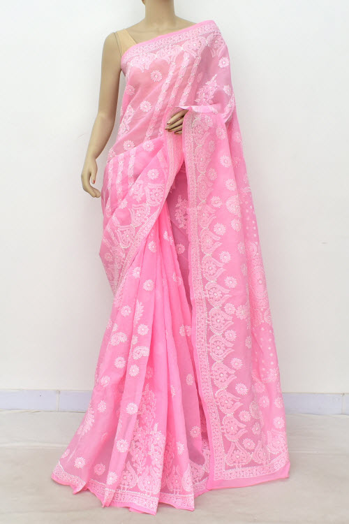 Pink Hand-Embroidered Chikankari Cotton Saree 14787