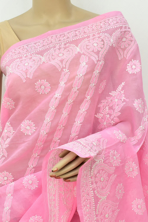 Pink Hand-Embroidered Chikankari Cotton Saree 14787