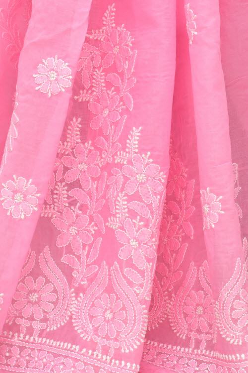 Pink Hand-Embroidered Chikankari Cotton Saree 14787