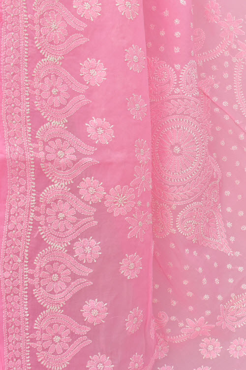 Pink Hand-Embroidered Chikankari Cotton Saree 14787