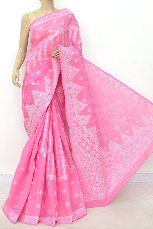 Onion Hand-Embroidered Chikankari Cotton Saree 14791