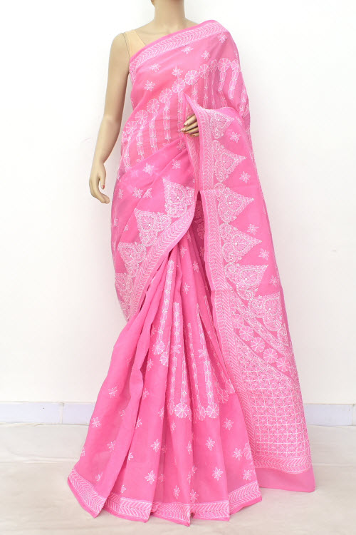 Onion Hand-Embroidered Chikankari Cotton Saree 14791