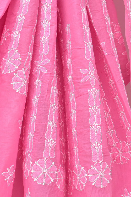 Onion Hand-Embroidered Chikankari Cotton Saree 14791