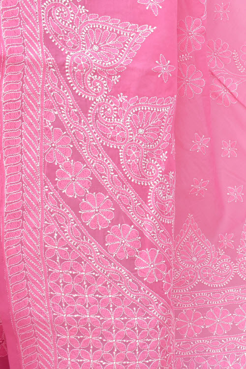 Onion Hand-Embroidered Chikankari Cotton Saree 14791