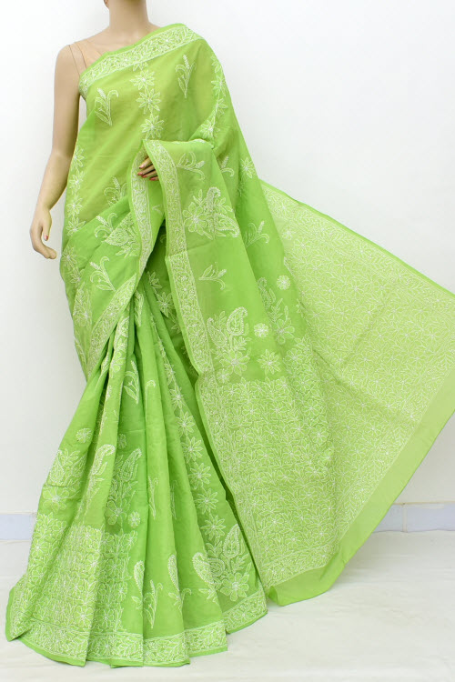 Mehndi Green Hand-Embroidered Chikankari Cotton Saree 14797