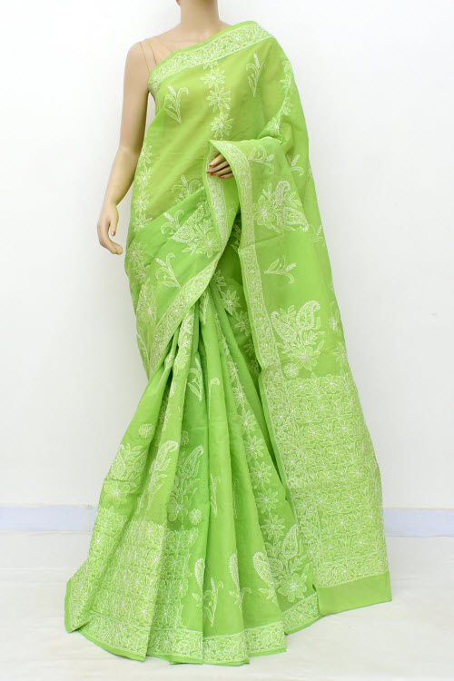 Mehndi Green Hand-Embroidered Chikankari Cotton Saree 14797