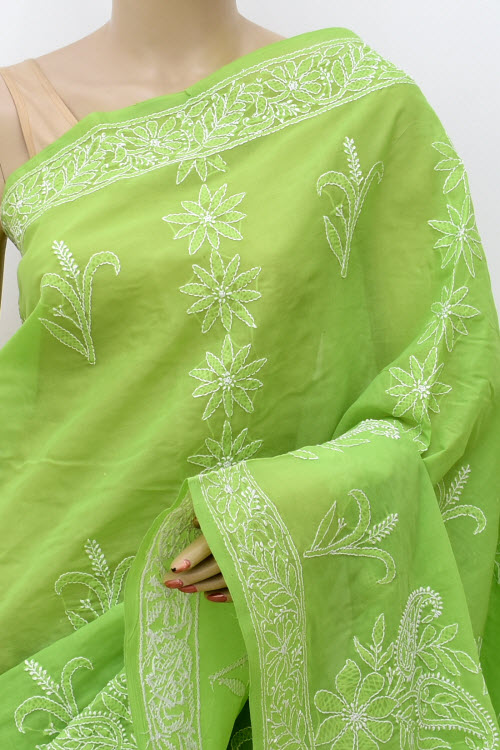 Mehndi Green Hand-Embroidered Chikankari Cotton Saree 14797