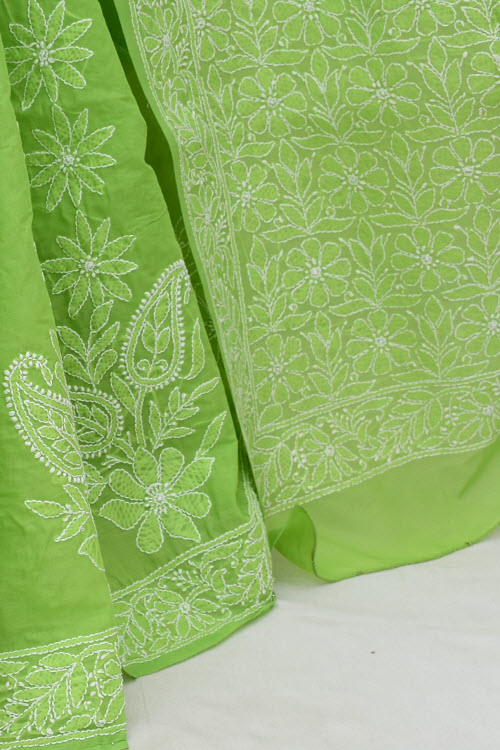 Mehndi Green Hand-Embroidered Chikankari Cotton Saree 14797