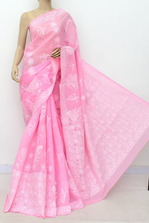 Pink Hand-Embroidered Chikankari Cotton Saree 14798