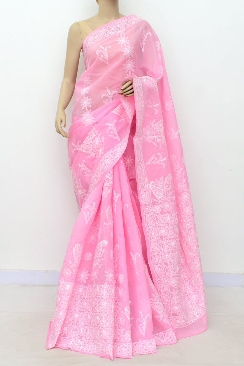 Pink Hand-Embroidered Chikankari Cotton Saree 14798