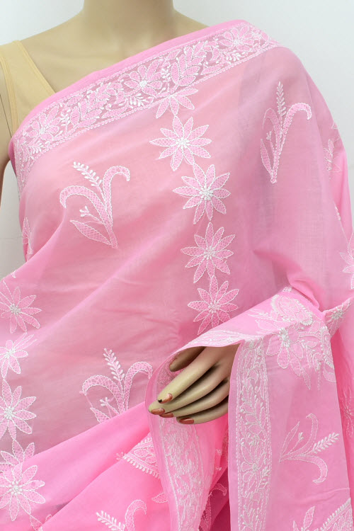 Pink Hand-Embroidered Chikankari Cotton Saree 14798