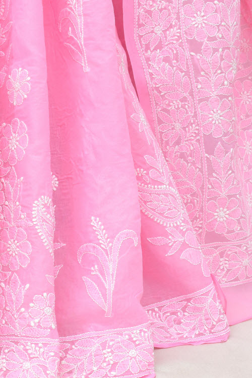 Pink Hand-Embroidered Chikankari Cotton Saree 14798