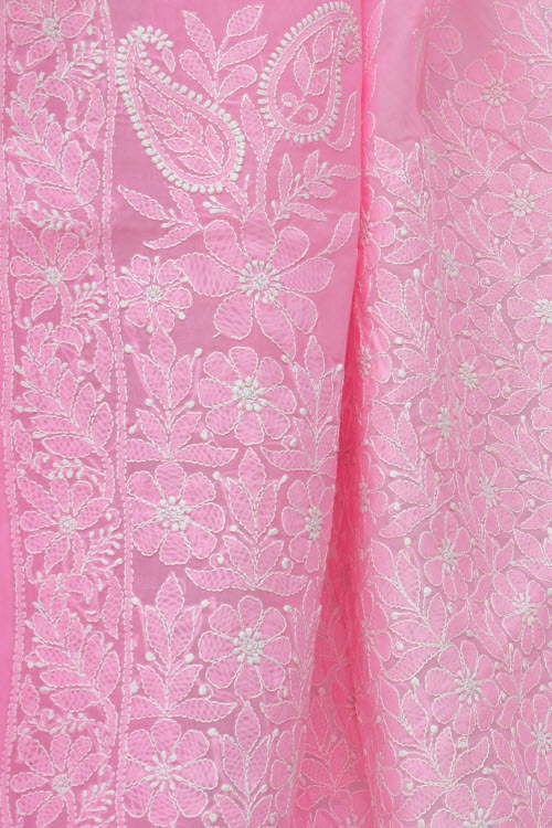 Pink Hand-Embroidered Chikankari Cotton Saree 14798