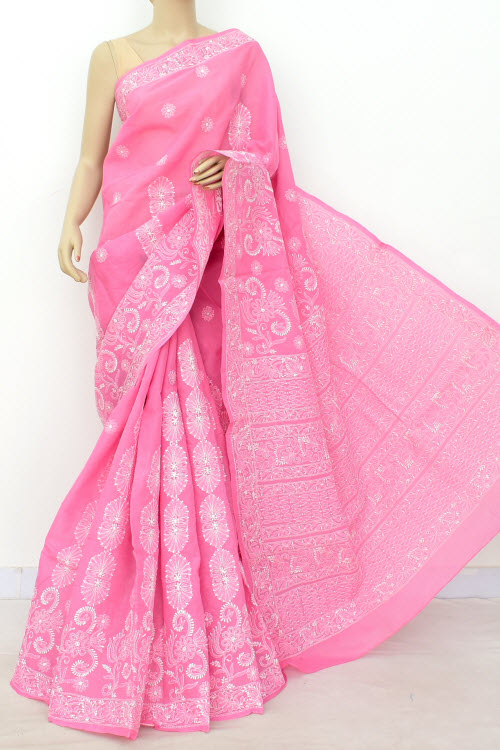 Onion Hand-Embroidered Chikankari Cotton Saree 14800