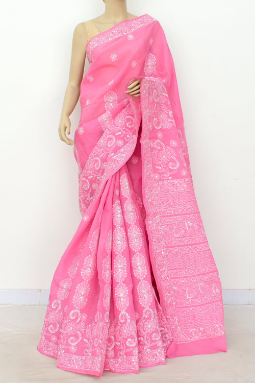 Onion Hand-Embroidered Chikankari Cotton Saree 14800