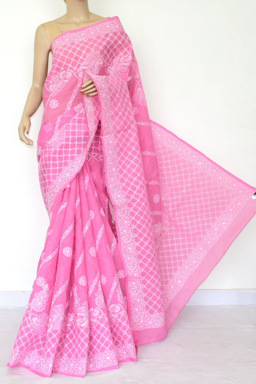 Onion Hand-Embroidered Chikankari Cotton Saree 14809