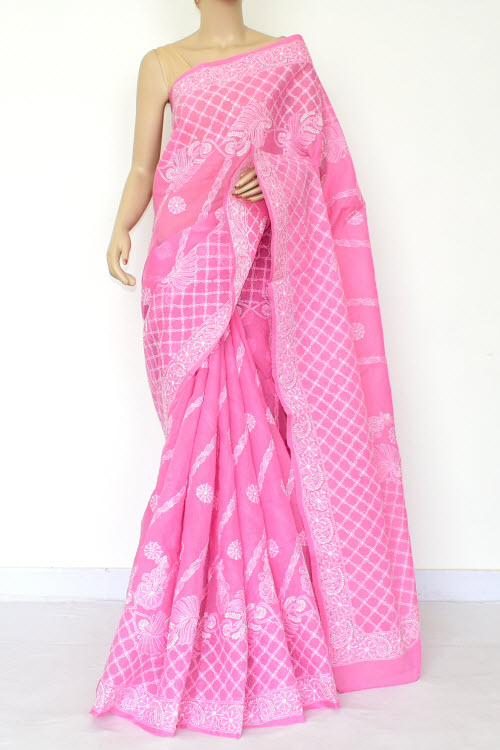 Onion Hand-Embroidered Chikankari Cotton Saree 14809