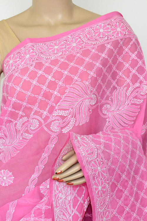 Onion Hand-Embroidered Chikankari Cotton Saree 14809