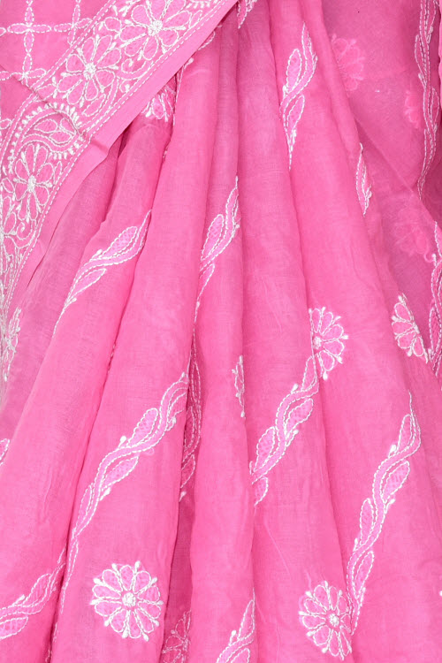 Onion Hand-Embroidered Chikankari Cotton Saree 14809