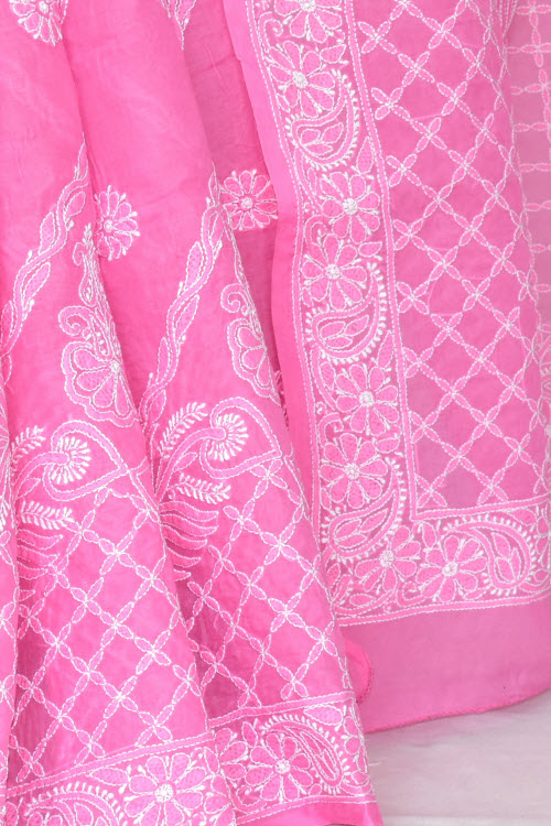 Onion Hand-Embroidered Chikankari Cotton Saree 14809