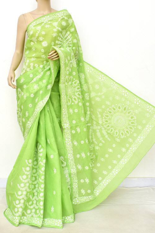 Pista Green Hand-Embroidered Chikankari Cotton Saree 14813