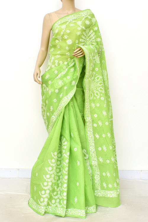 Pista Green Hand-Embroidered Chikankari Cotton Saree 14813