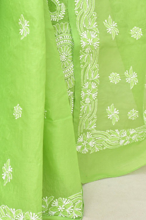 Pista Green Hand-Embroidered Chikankari Cotton Saree 14813