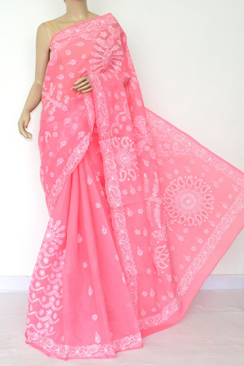 Peach Hand-Embroidered Chikankari Cotton Saree 14814