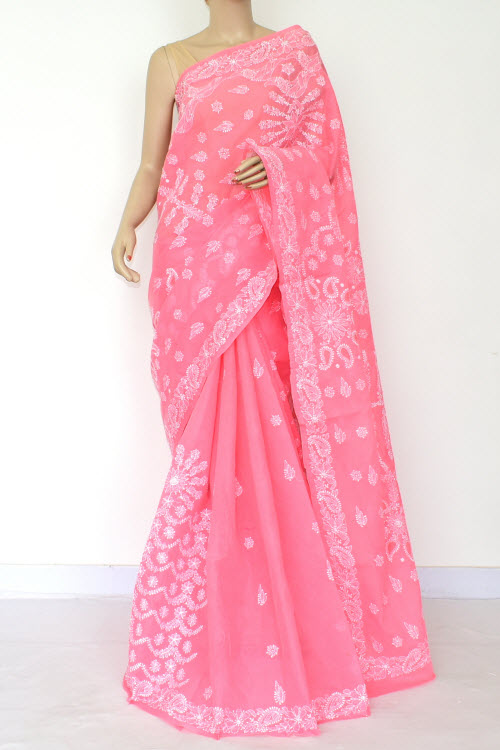 Peach Hand-Embroidered Chikankari Cotton Saree 14814