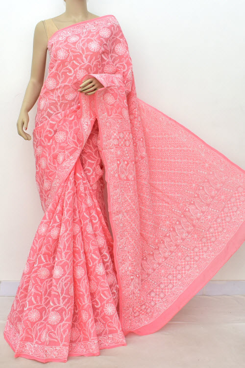 Peach Hand-Embroidered Lucknowi Chikankari Cotton Saree with Blouse