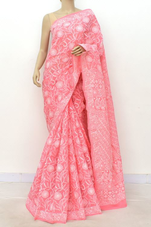 Peach Hand-Embroidered Lucknowi Chikankari Cotton Saree with Blouse