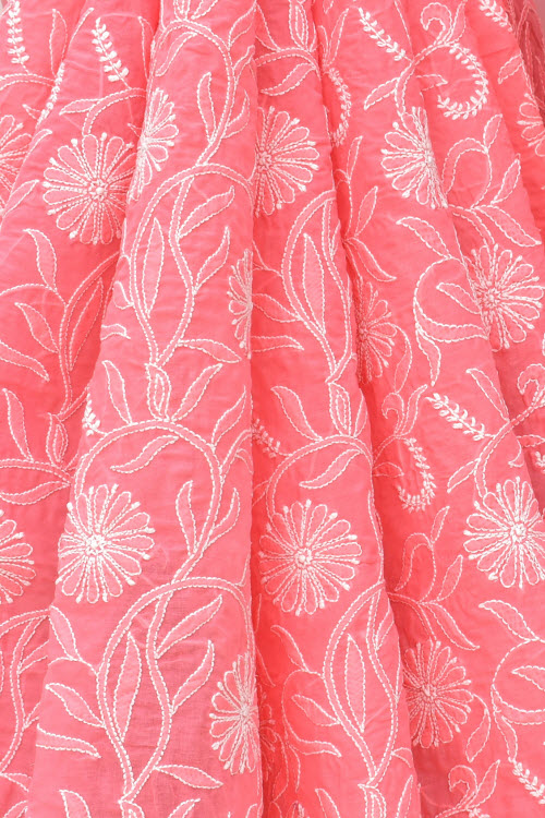 Peach Hand-Embroidered Lucknowi Chikankari Cotton Saree with Blouse