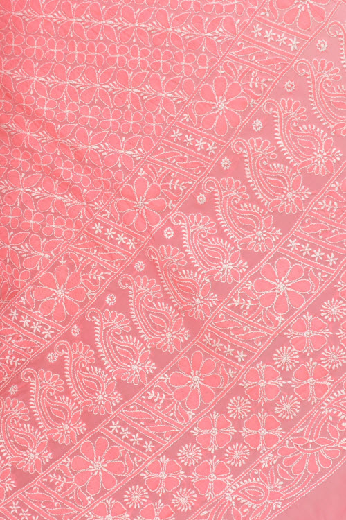 Peach Hand-Embroidered Lucknowi Chikankari Cotton Saree with Blouse