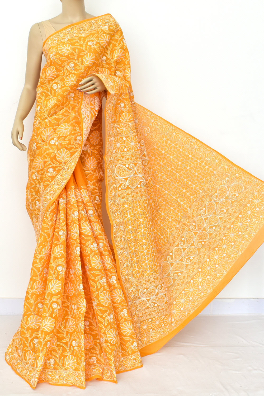 Mustard Yellow Hand-Embroidered Lucknowi Chikankari Cotton Saree with Blouse