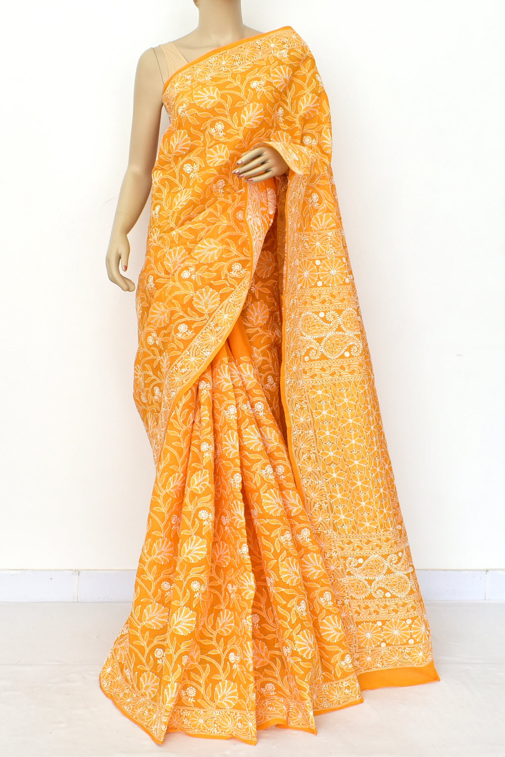 Mustard Yellow Hand-Embroidered Lucknowi Chikankari Cotton Saree with Blouse