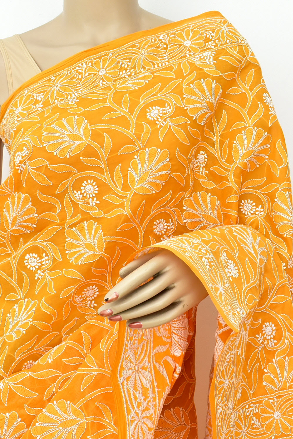 Mustard Yellow Hand-Embroidered Lucknowi Chikankari Cotton Saree with Blouse