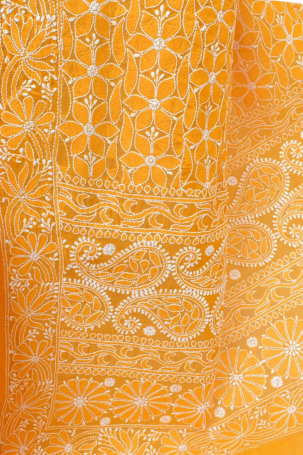 Mustard Yellow Hand-Embroidered Lucknowi Chikankari Cotton Saree with Blouse