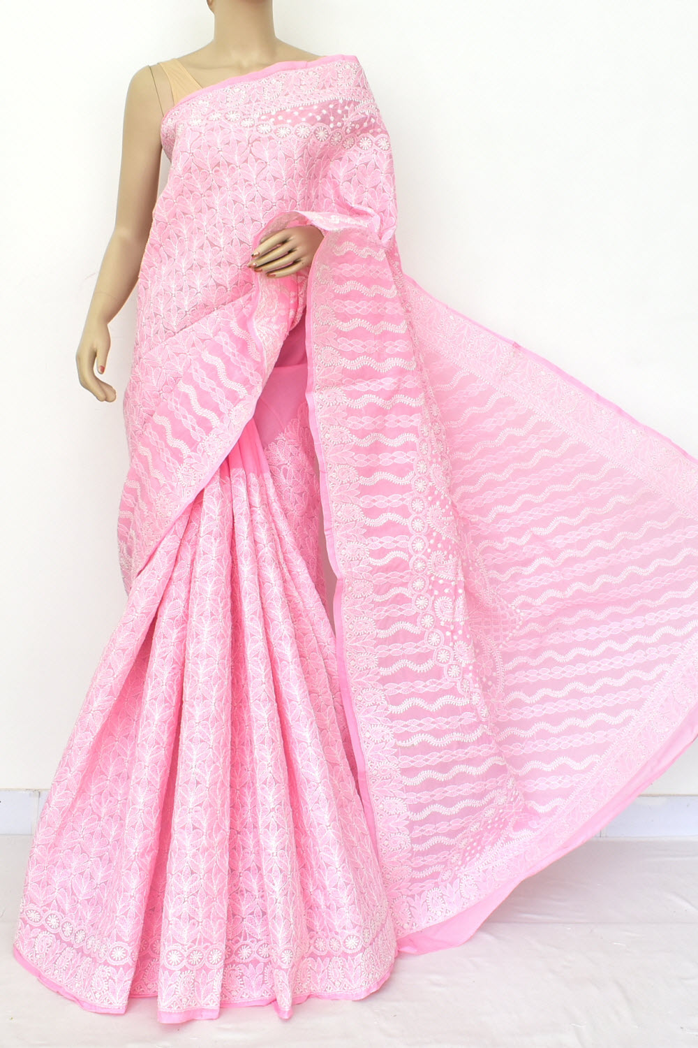 Baby Pink Hand-Embroidered Lucknowi Chikankari Cotton Saree with Blouse