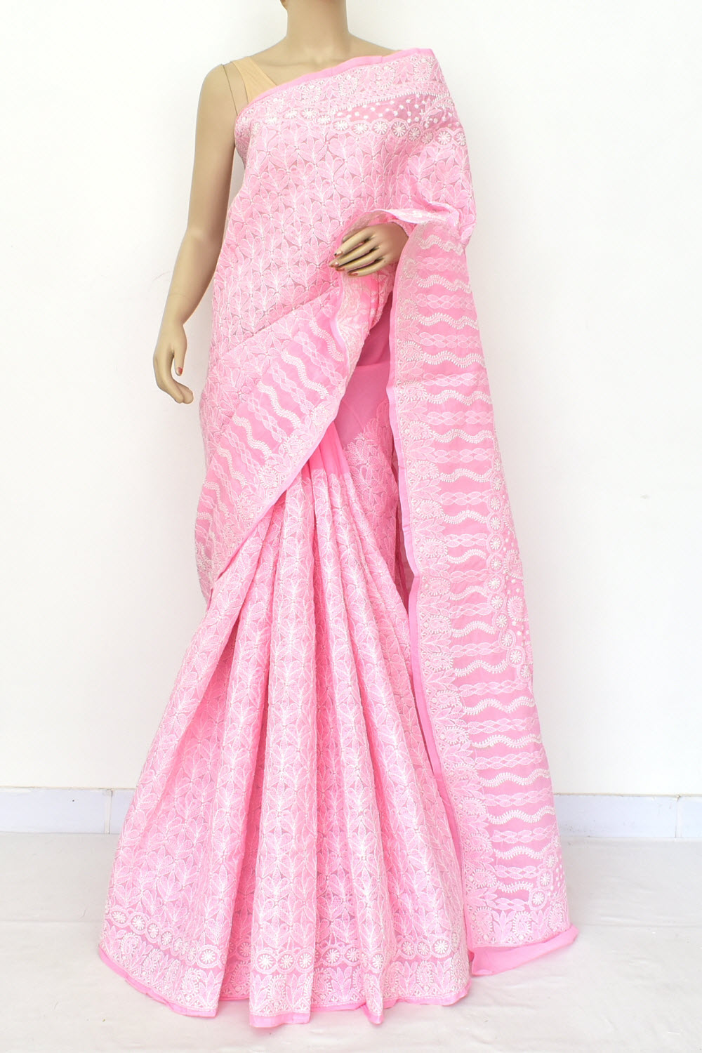 Baby Pink Hand-Embroidered Lucknowi Chikankari Cotton Saree with Blouse