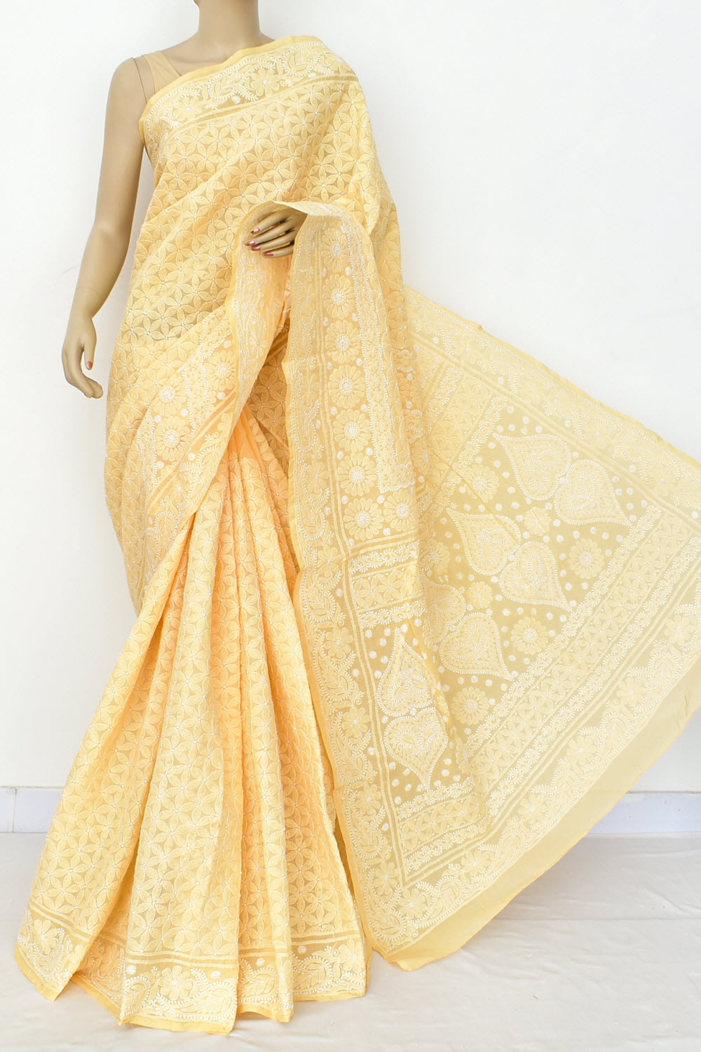 Beige Hand-Embroidered Lucknowi Chikankari Cotton Saree with Blouse