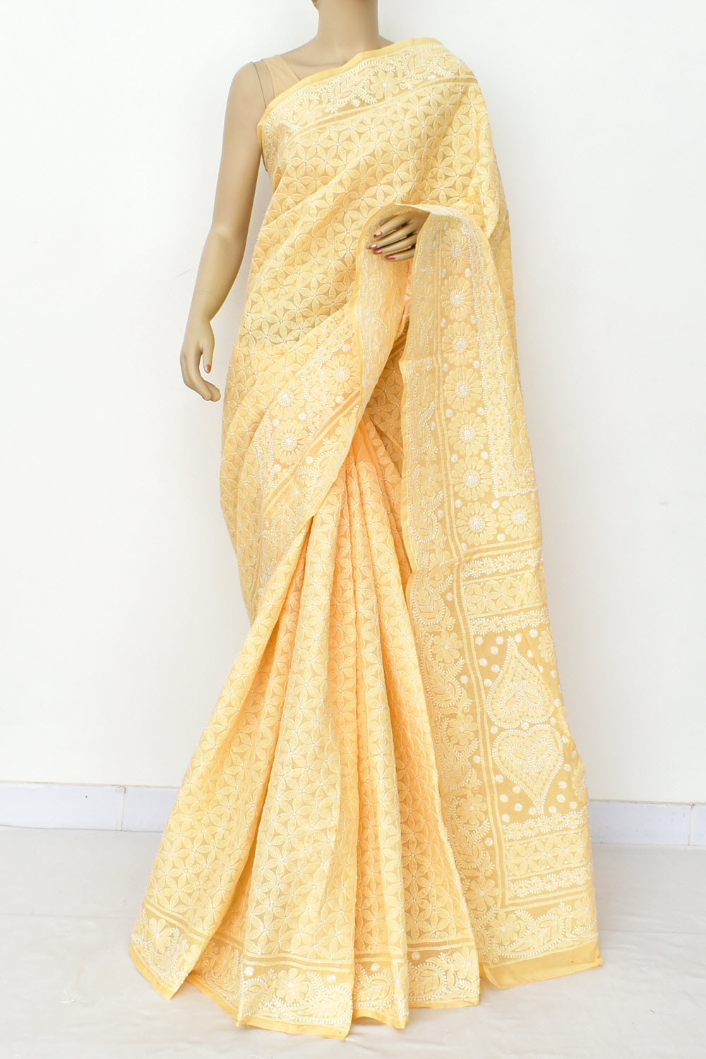Beige Hand-Embroidered Lucknowi Chikankari Cotton Saree with Blouse